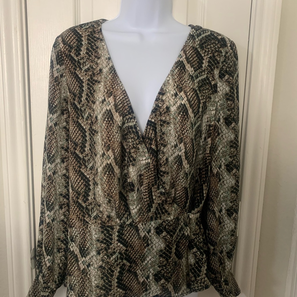 Snake Print V-Neck Long Sleeve Top - Taupe/Black